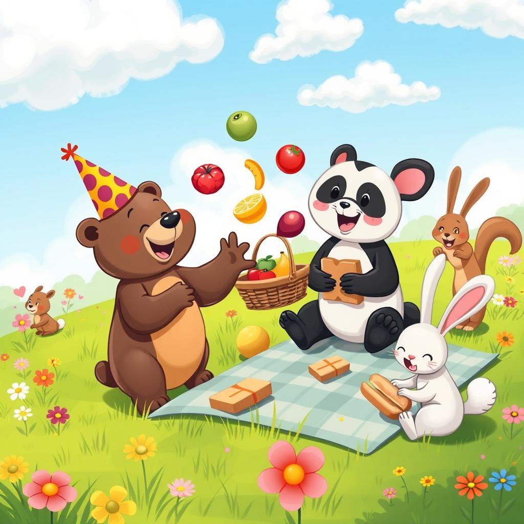 A whimsical scene featuring a group of cartoon animals at a picnic