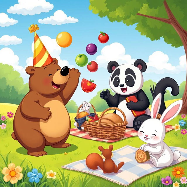 A whimsical scene featuring a group of cartoon animals at a picnic