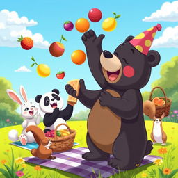 A whimsical scene featuring a group of cartoon animals at a picnic