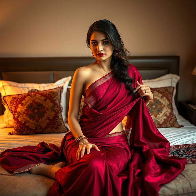 An Indian maid gracefully adorned in a maroon saree, sitting elegantly on a beautifully made bed