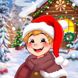 A cheerful character wearing a festive red Christmas hat with white fur trim