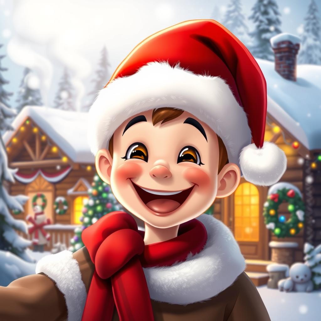 A cheerful character wearing a festive red Christmas hat with white fur trim