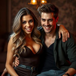 A playful and enticing scene featuring an attractive adult couple, both with sexy and alluring expressions, enjoying a fun and romantic moment together