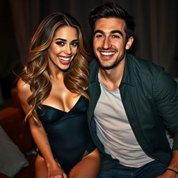 A playful and enticing scene featuring an attractive adult couple, both with sexy and alluring expressions, enjoying a fun and romantic moment together