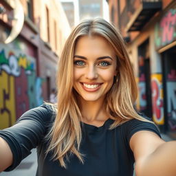 A stunning American woman with shoulder-length blonde hair, taking a selfie