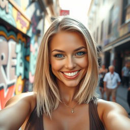 A stunning American woman with shoulder-length blonde hair, taking a selfie