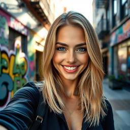 A stunning American woman with shoulder-length blonde hair, taking a selfie