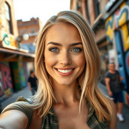 A stunning American woman with shoulder-length blonde hair, taking a selfie