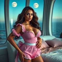 A full-body image of a seductive 50-year-old woman with Arab features, dressed in a short and plunging pink French maid outfit