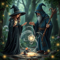An enchanting scene of a witch and a wizard standing together in a mystical forest