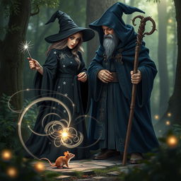 An enchanting scene of a witch and a wizard standing together in a mystical forest