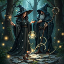 An enchanting scene of a witch and a wizard standing together in a mystical forest