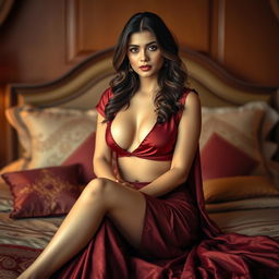 An Indian maid elegantly dressed in a maroon saree, with her maroon blouse open, sitting gracefully on a luxurious bed