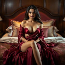 An Indian maid elegantly dressed in a maroon saree, with her maroon blouse open, sitting gracefully on a luxurious bed
