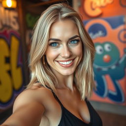 A stunning 35-year-old American woman with shoulder-length blonde hair, taking a selfie