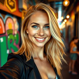 A stunning 35-year-old American woman with shoulder-length blonde hair, taking a selfie