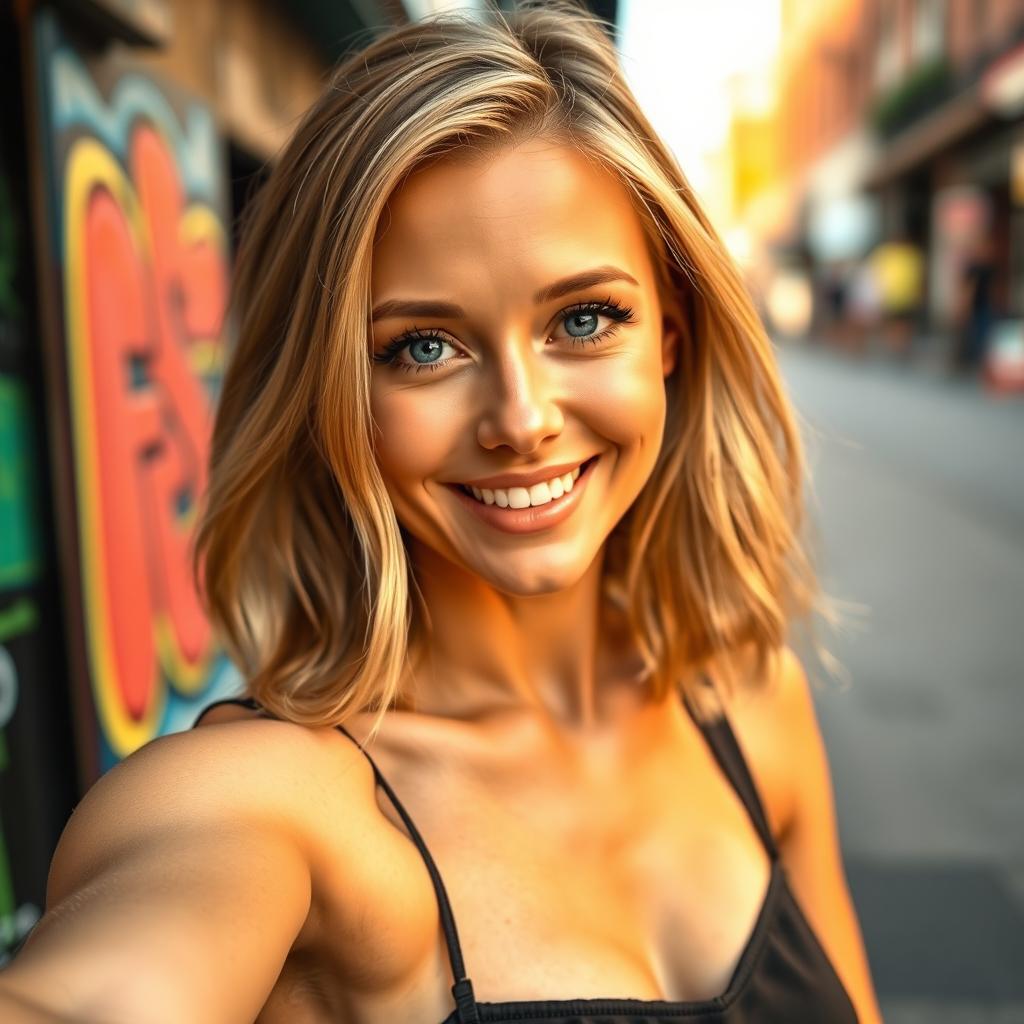 A stunning 35-year-old American woman with shoulder-length blonde hair, taking a selfie
