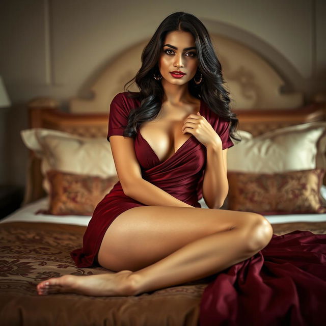 An Indian maid elegantly dressed in a maroon saree, with her maroon blouse unbuttoned, sitting gracefully on a luxurious bed