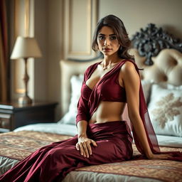 An Indian maid elegantly dressed in a maroon saree, with her maroon blouse unbuttoned, sitting gracefully on a luxurious bed