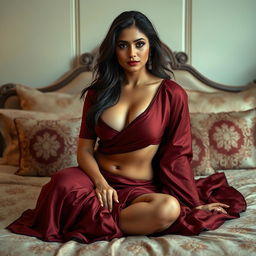 An Indian maid elegantly dressed in a maroon saree, with her maroon blouse unbuttoned, sitting gracefully on a luxurious bed