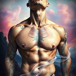 A surreal art piece featuring a torso of a muscular male figure without a head and neck, displaying strong physique and intricate tattoos on the skin