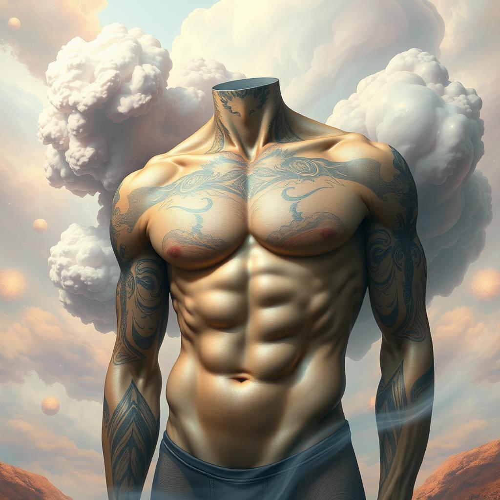 A surreal art piece featuring a torso of a muscular male figure without a head and neck, displaying strong physique and intricate tattoos on the skin