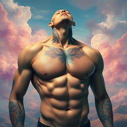 A surreal art piece featuring a torso of a muscular male figure without a head and neck, displaying strong physique and intricate tattoos on the skin