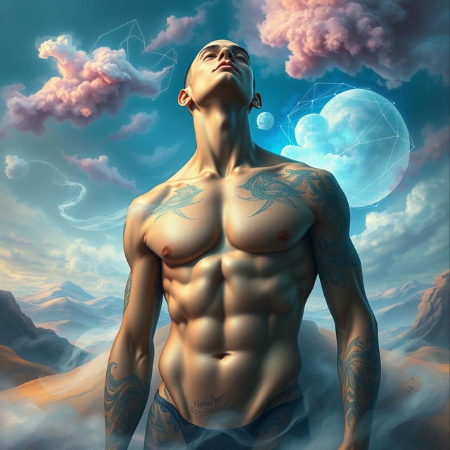 A surreal art piece featuring a torso of a muscular male figure without a head and neck, displaying strong physique and intricate tattoos on the skin
