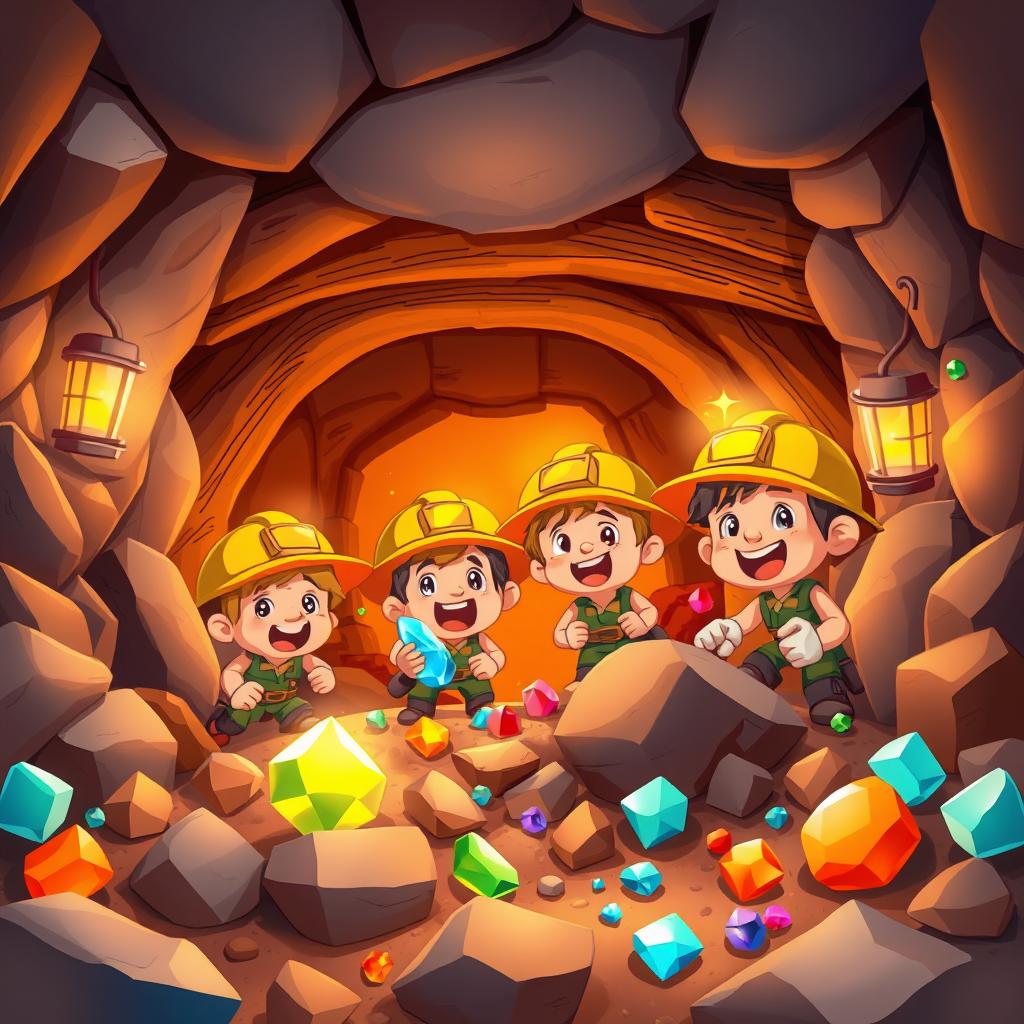 A colorful and vibrant 2D mining scene, featuring a playful cartoon style