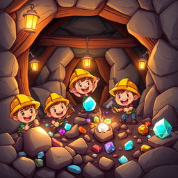 A colorful and vibrant 2D mining scene, featuring a playful cartoon style