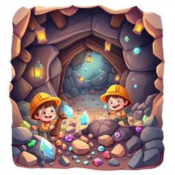 A colorful and vibrant 2D mining scene, featuring a playful cartoon style