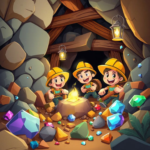 A colorful and vibrant 2D mining scene, featuring a playful cartoon style