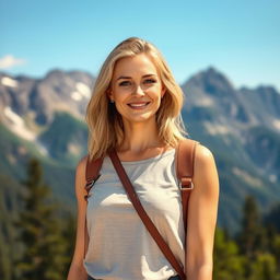 A breathtaking 35-year-old American woman with shoulder-length blonde hair, dressed in stylish, modest clothing that flatters her figure