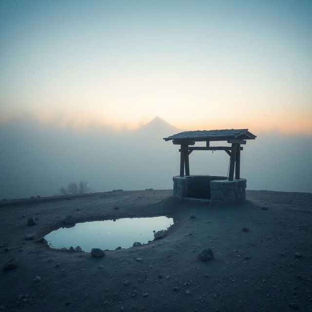 A serene vertical image of a short desert landscape featuring a rustic well with shallow water next to it