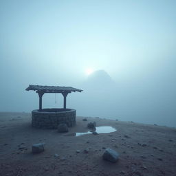 A serene vertical image of a short desert landscape featuring a rustic well with shallow water next to it