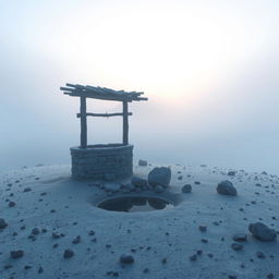 A serene vertical image of a short desert landscape featuring a rustic well with shallow water next to it