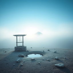 A serene vertical image of a short desert landscape featuring a rustic well with shallow water next to it