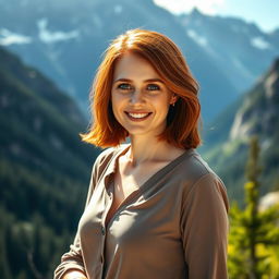 A breathtaking 35-year-old American woman with shoulder-length red hair, dressed in stylish, modest clothing that complements her figure