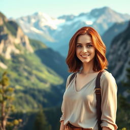 A breathtaking 35-year-old American woman with shoulder-length red hair, dressed in stylish, modest clothing that complements her figure