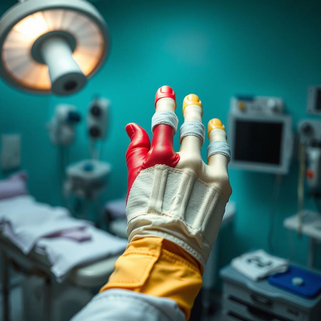 A detailed close-up of a broken hand in a clinical setting, showcasing a medical cast with vibrant colors and textures