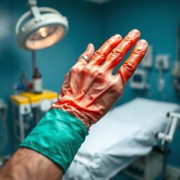 A detailed close-up of a broken hand in a clinical setting, showcasing a medical cast with vibrant colors and textures