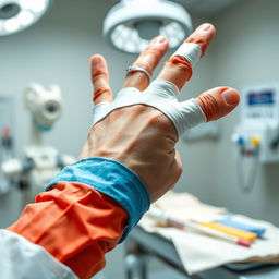 A detailed close-up of a broken hand in a clinical setting, showcasing a medical cast with vibrant colors and textures