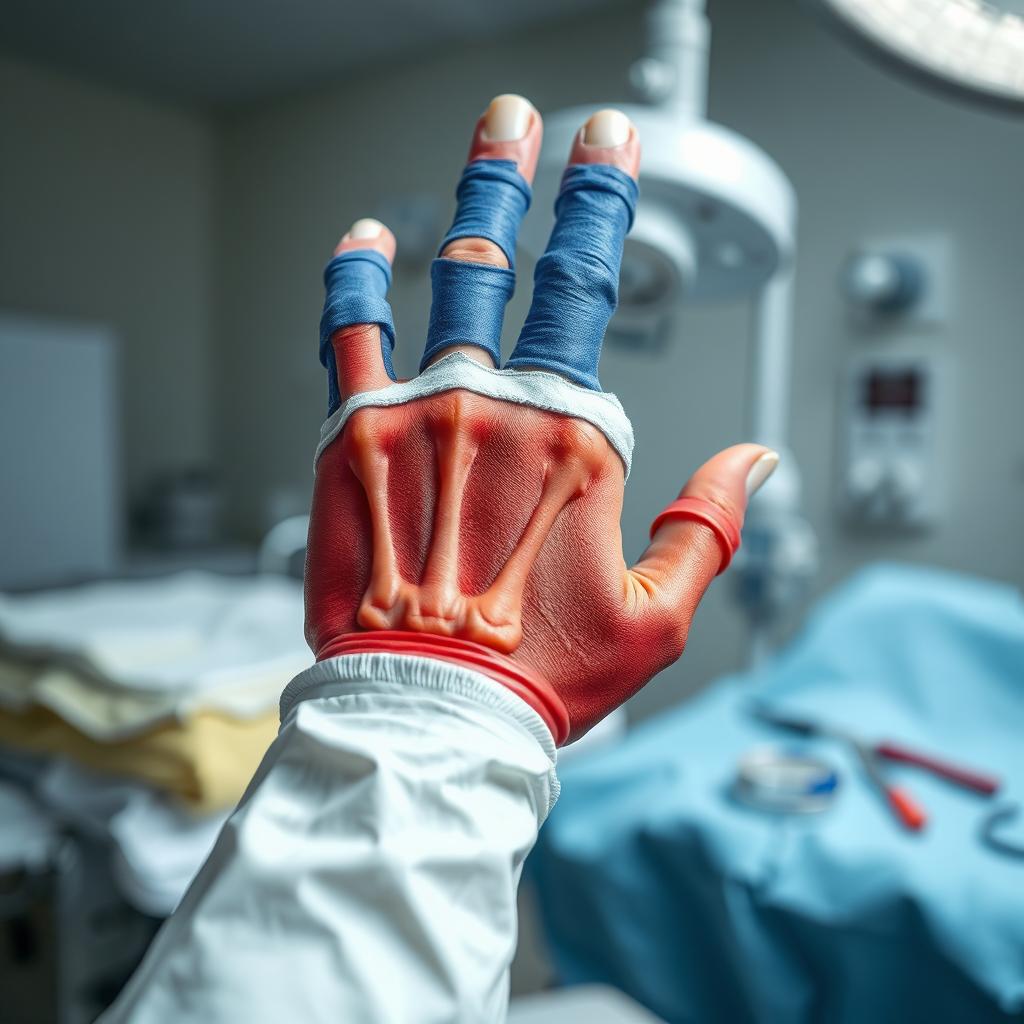 A detailed close-up of a broken hand in a clinical setting, showcasing a medical cast with vibrant colors and textures