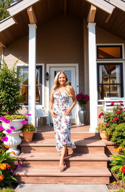 A beautiful modern house set in a vibrant suburb, featuring a stylish blond woman in a fashionable summer outfit, standing gracefully on the front porch