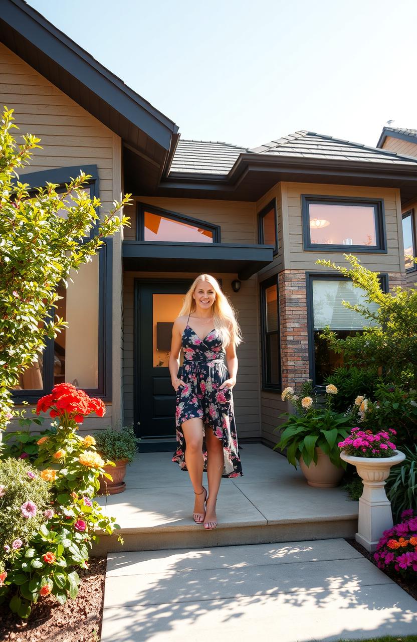 A beautiful modern house set in a vibrant suburb, featuring a stylish blond woman in a fashionable summer outfit, standing gracefully on the front porch