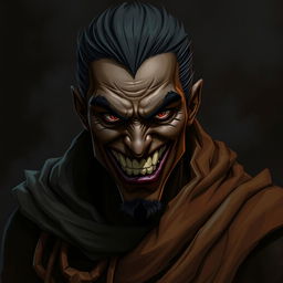 A character with an evil smile, sharp teeth showing, characterized by dark brown skin and attire