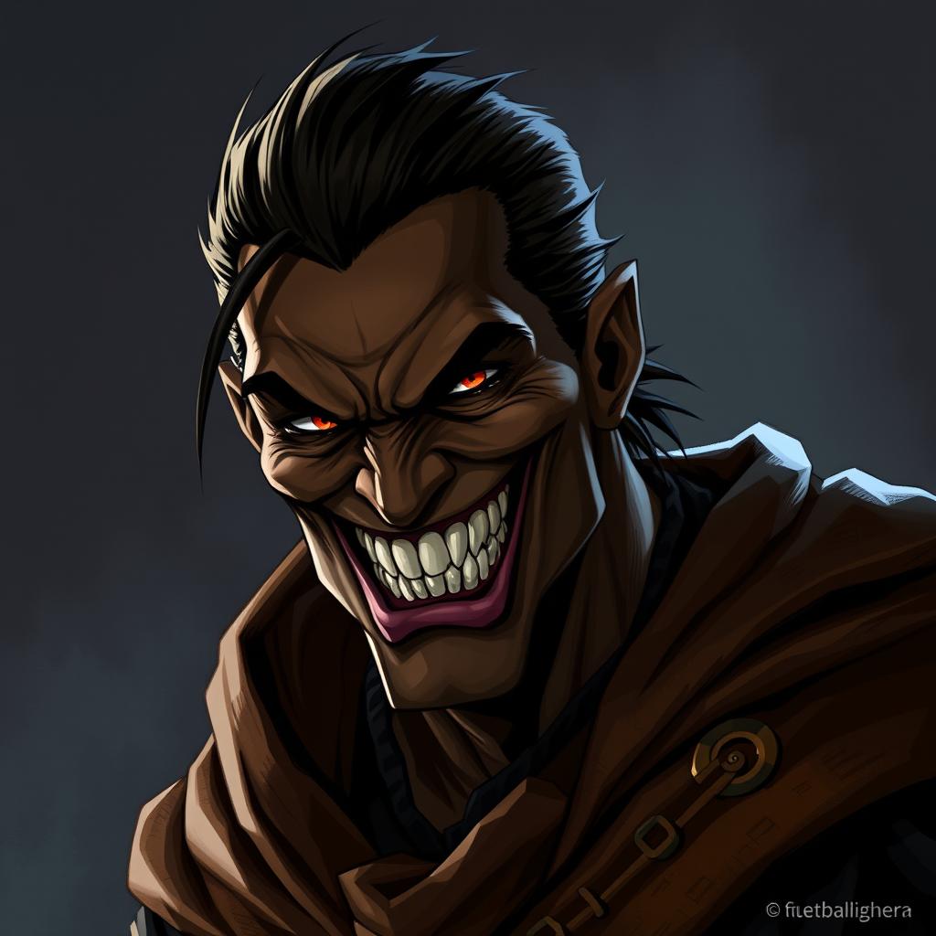 A character with an evil smile, sharp teeth showing, characterized by dark brown skin and attire