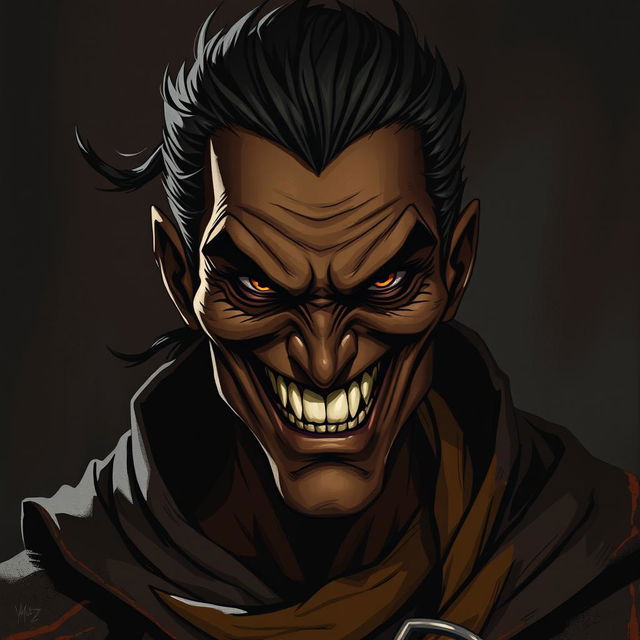 A character with an evil smile, sharp teeth showing, characterized by dark brown skin and attire