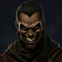 A character with an evil smile, sharp teeth showing, characterized by dark brown skin and attire