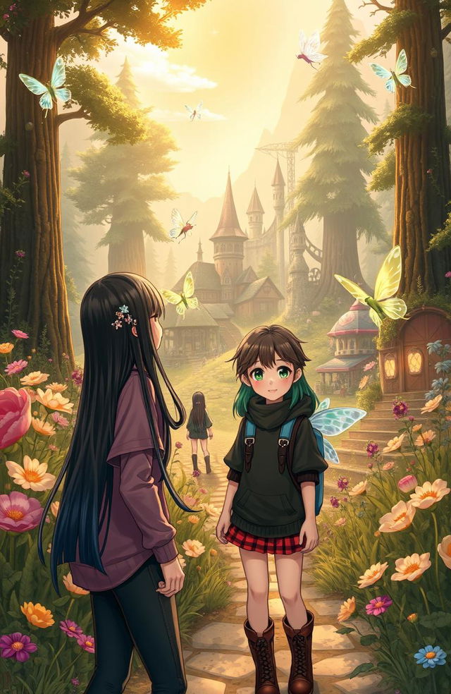 Two teenage girls with long black hair, one with deep sea blue highlights and adorned with sparkling hairpins, and another with bright green streaks, alongside a tomboy girl with short, messy brown hair, enter a magical parallel world